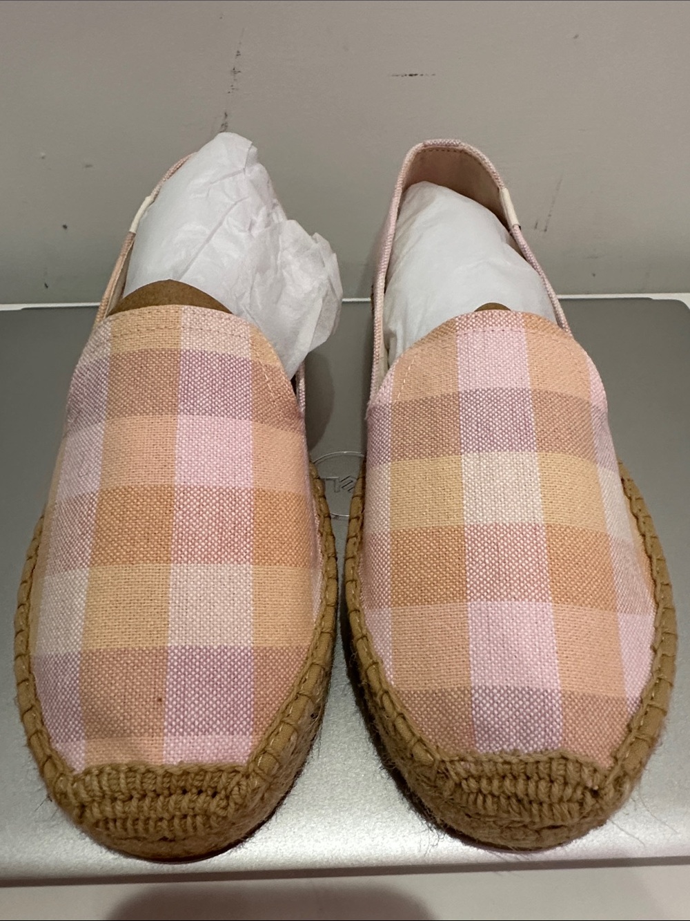 Soludos Pink and Tan Plaid Espadrille Slip-On Flats